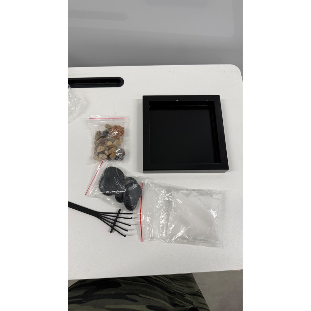 Mini Zen Garden Desktop Kit Black Wooden Tray Sand Rake Stones Lotus Flower NEW